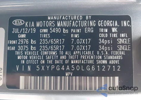 2020 Kia Sorento 3.3L Lx из США, поврежденный, VIN 5XYPG4A50LG612712